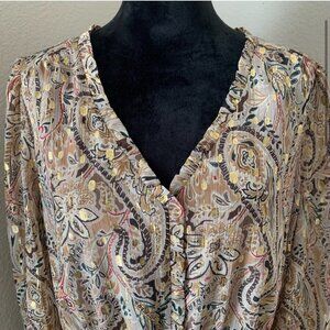 Paisley shimmer V-neck midi dress in gold and neutrals Loft